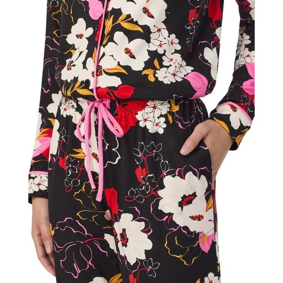 Room Service Shawl Collar Pajama Set (Size S) Color: Black/Pink/White-Floral New - Picture 5 of 13
